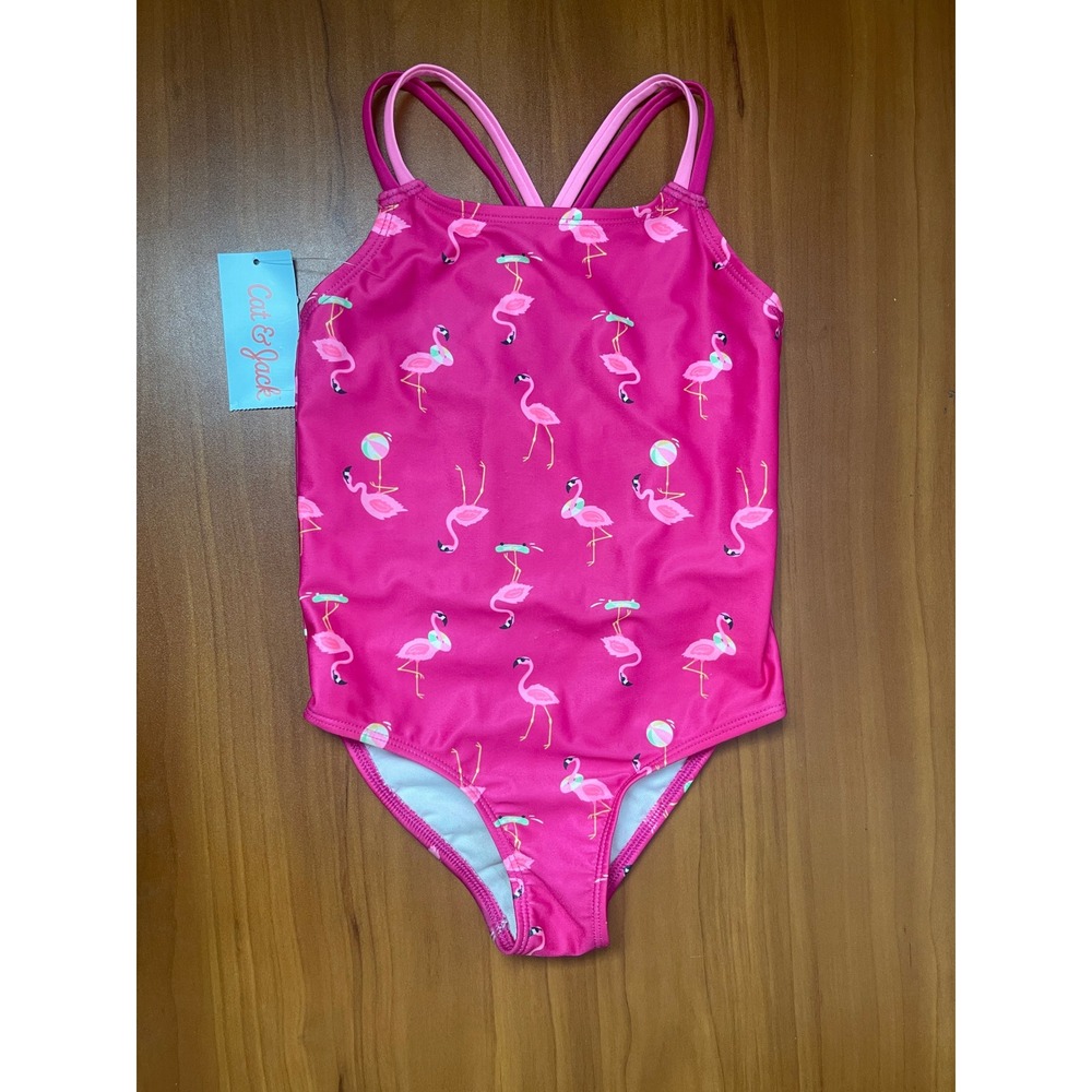 Cat & Jack Girls Pink Flamingo Print One Piece Swimsuit 5T New With Tags